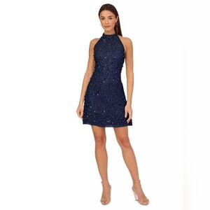 Adrianna Papell Twilight Navy Embellished Halter Dress